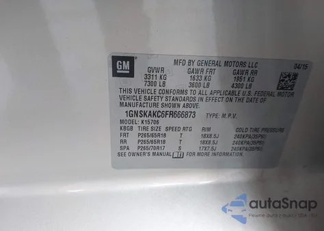 2015 Chevrolet Tahoe Ls из США, поврежденный, VIN 1GNSKAKC6FR666873